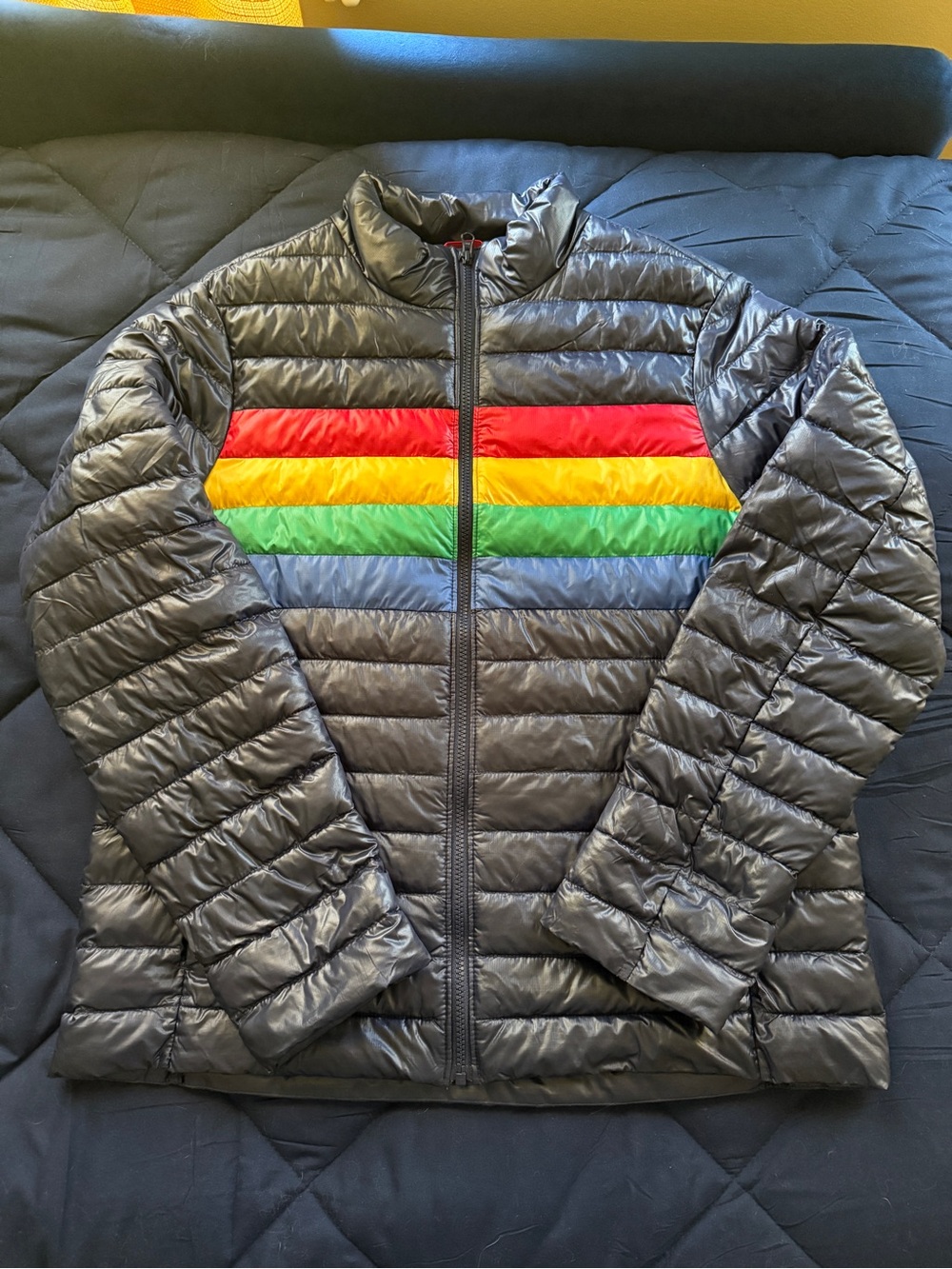 Primary Navy Puffer Jacket with Rainbow Chest Stripes Unisex Large